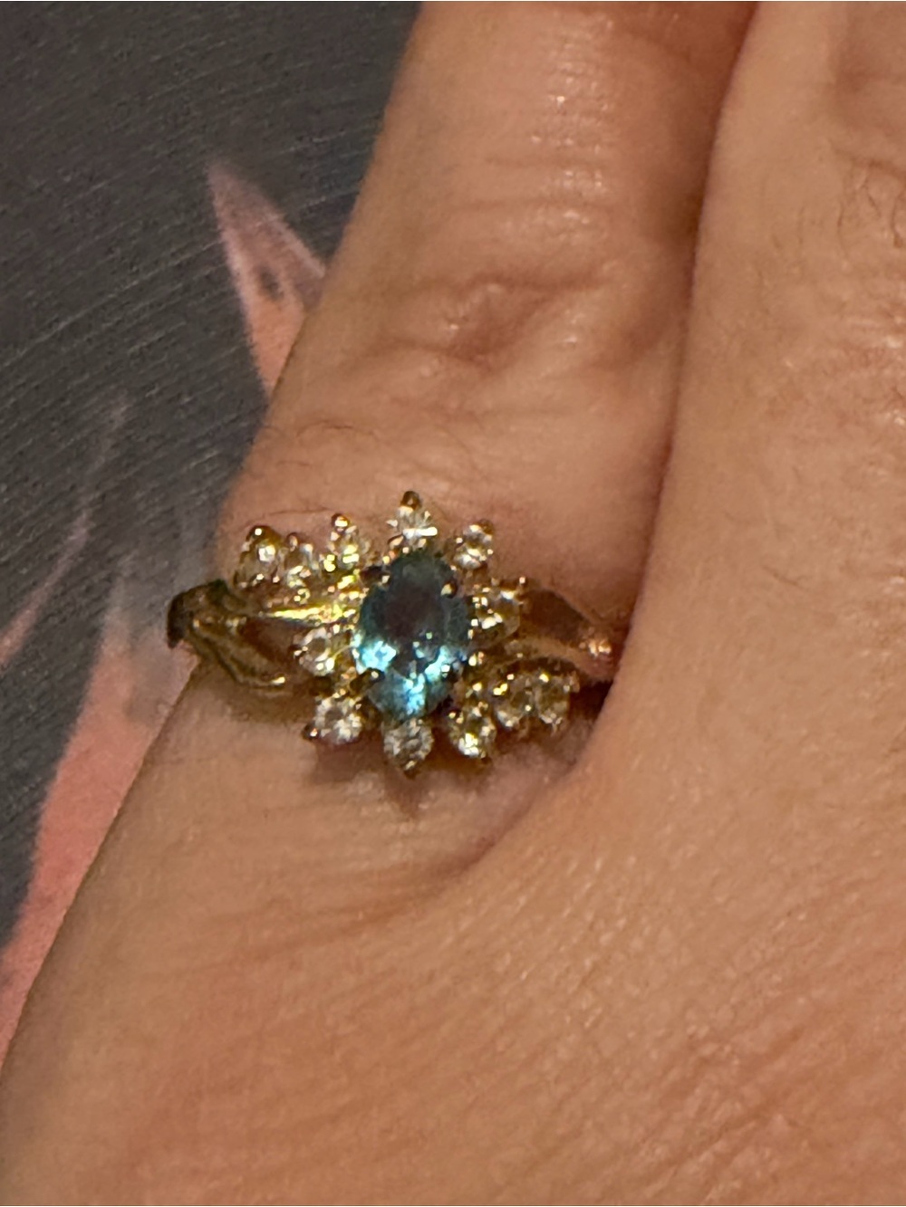 Gold Ring with Blue Center Stone and Clear Accents Size 5
